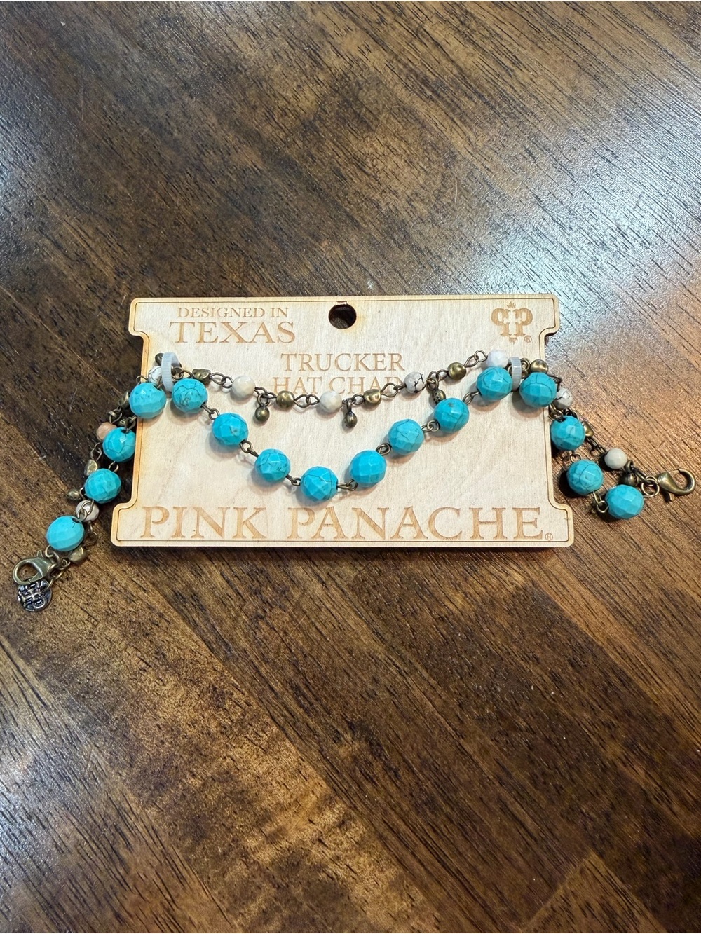 Pink Panache Turquoise Bead Trucker Hat Double Chain with Antique Gold Accents